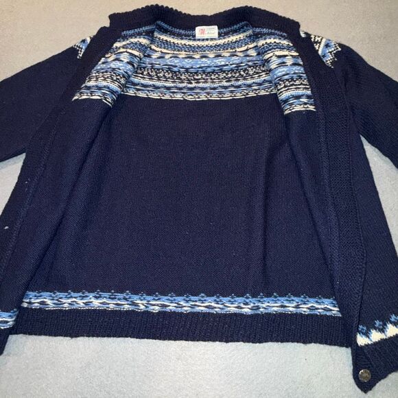 Vintage Norwegian Hand Knit Wool Cardigan Fair Isle Nordic Blue Button Front Wom - Picture 2 of 11